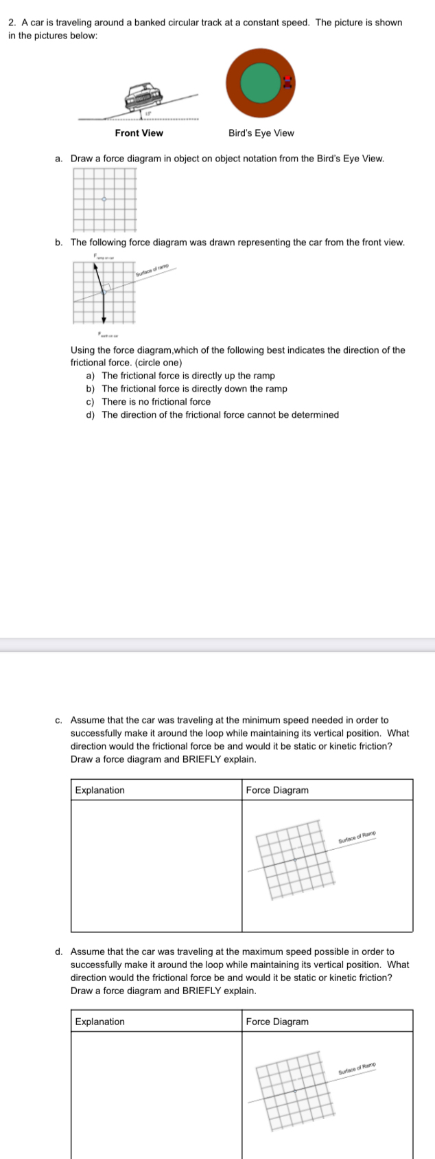 A car is traveling around a banked circular track