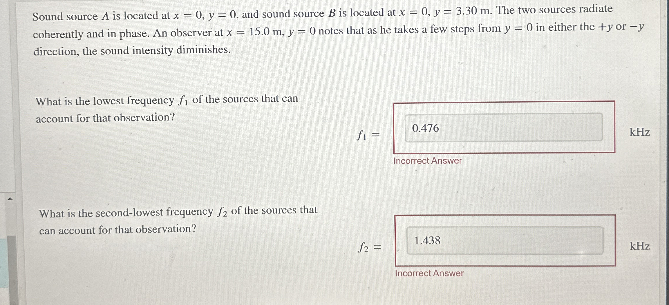 Sound source A is located at x = 0 , y = 0 , and