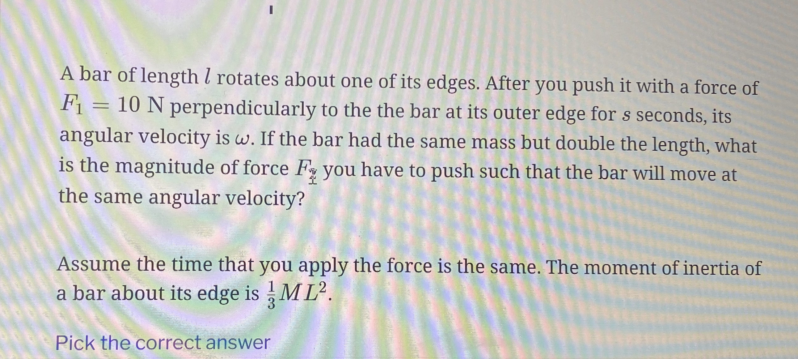A bar of length l rotates about one of its edges.