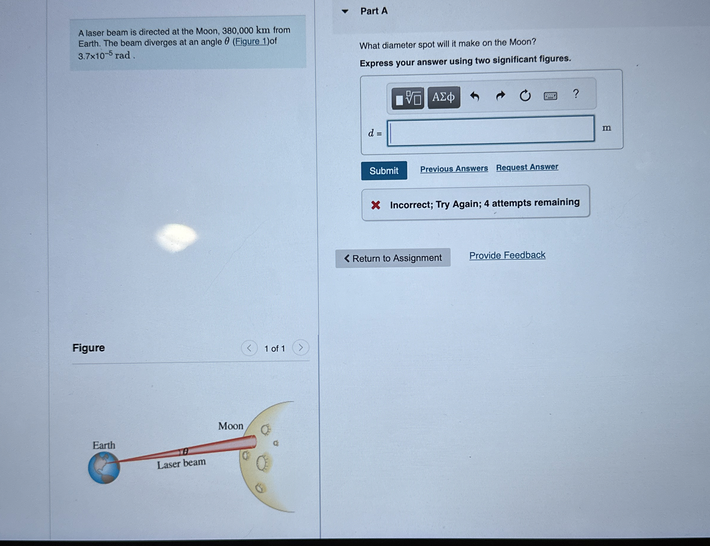 A laser beam is directed at the Moon, 3 8 0 , 0 0