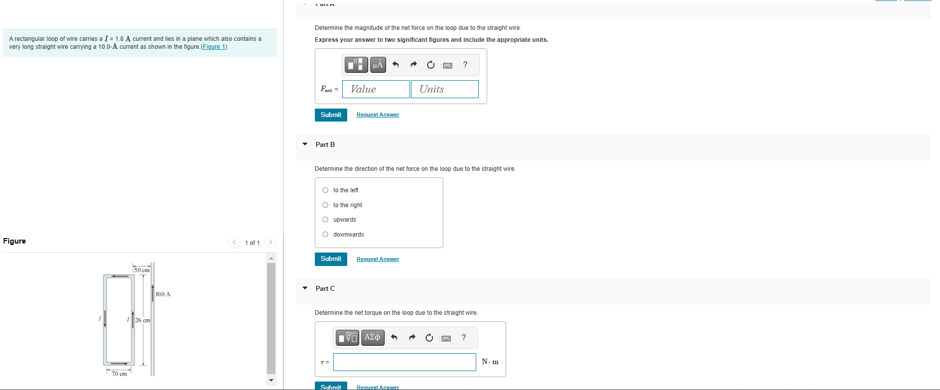 A rectangular loop of wire carries a \ ( I = 1 .