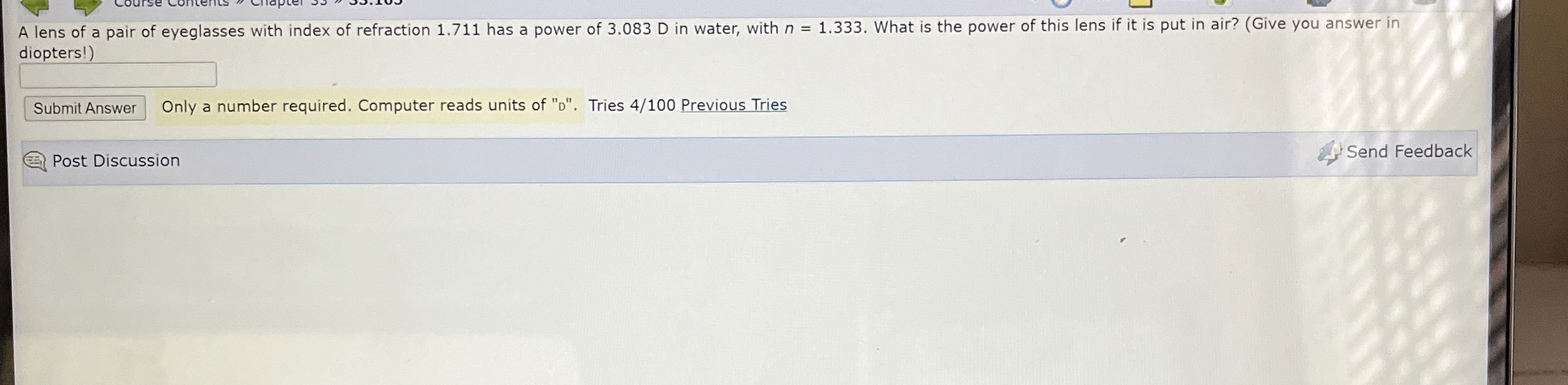 A lens of a pair of eyeglasses with index of