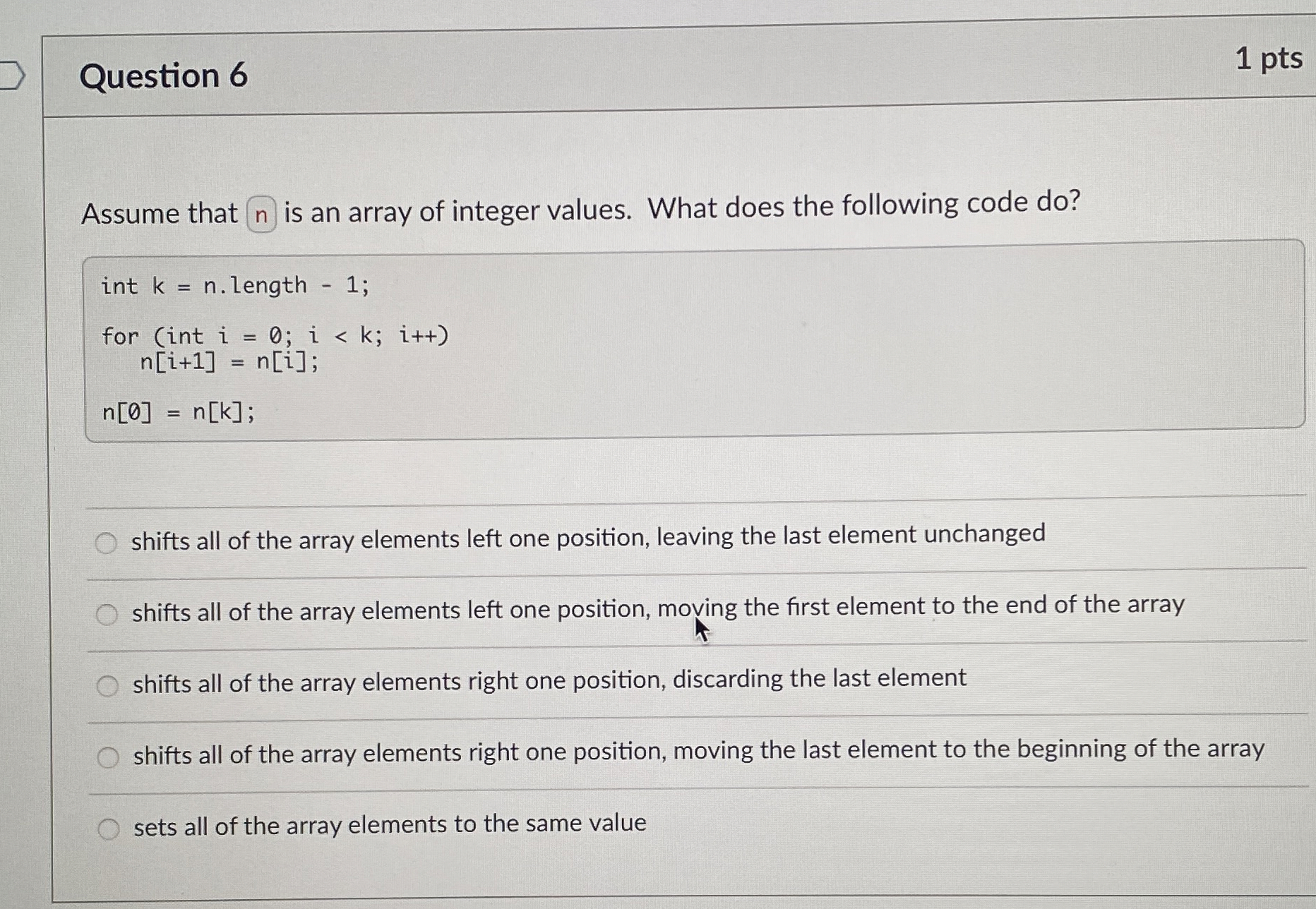 Assume that n is an array of integer values. What