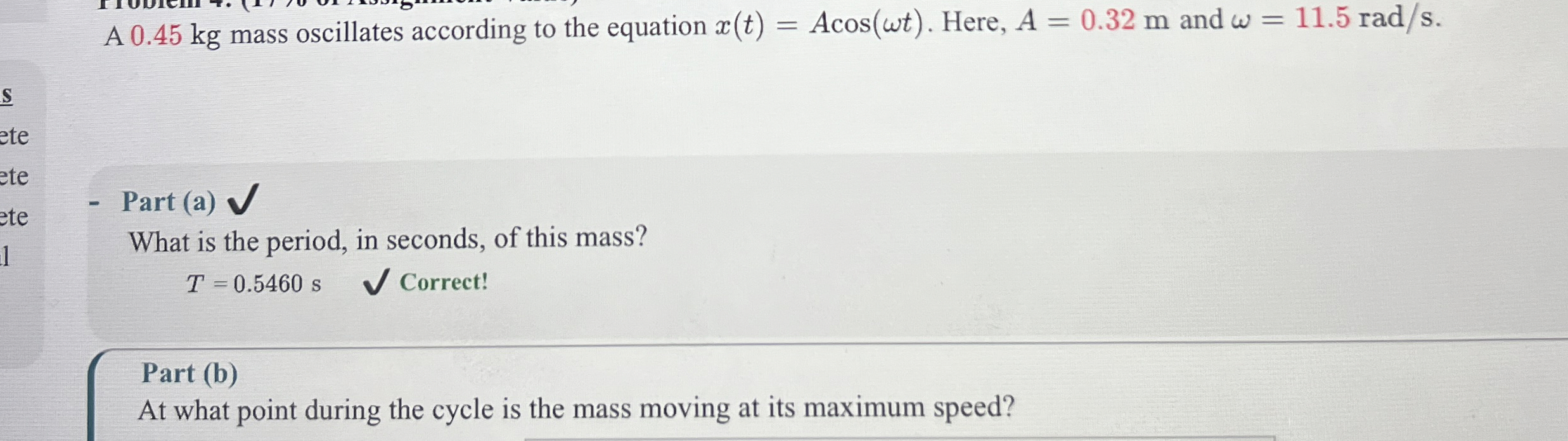 A 0 . 4 5 kg mass oscillates according to the