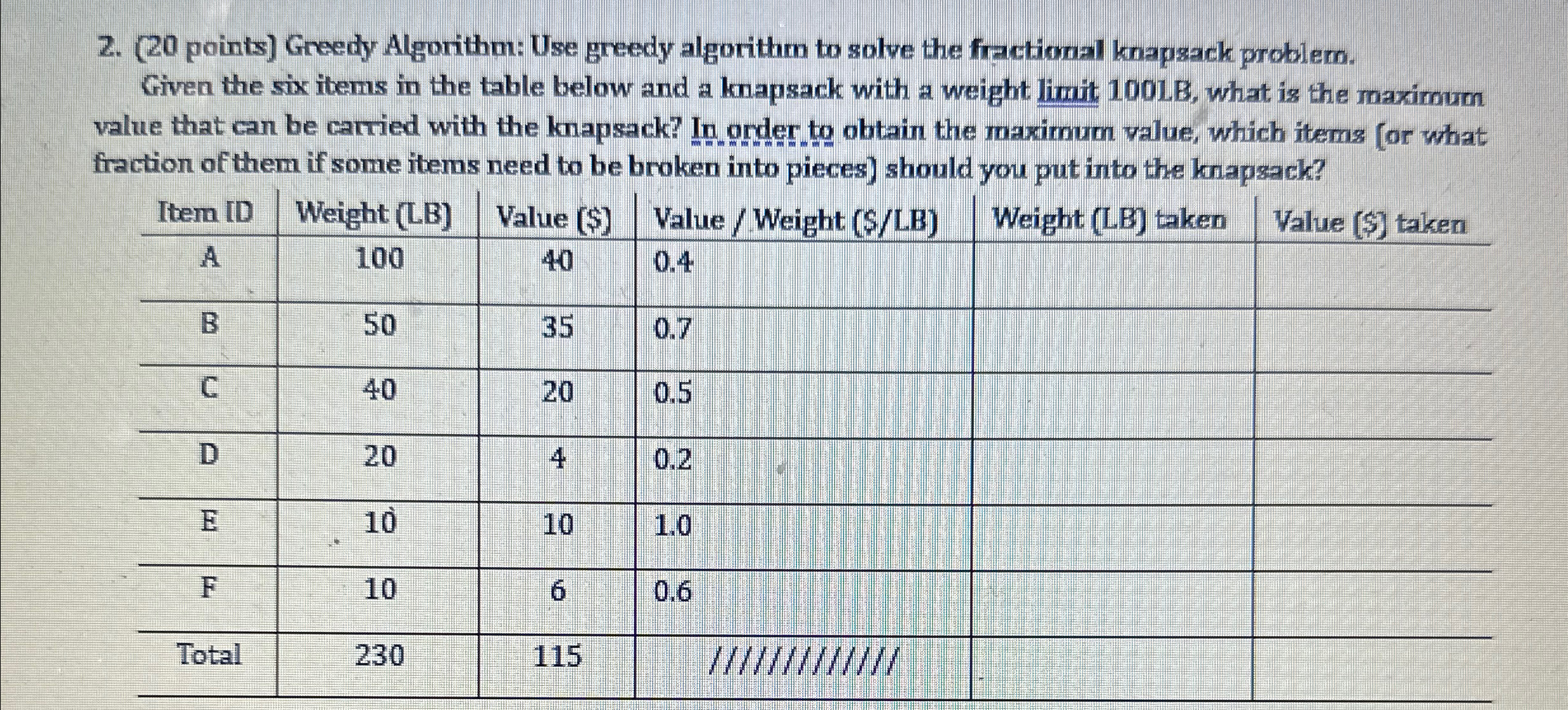 ( 2 0 points ) Greedy Algorithm: Use greedy