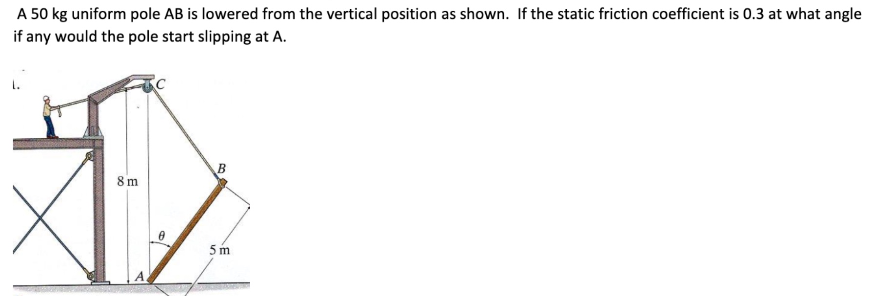 A 5 0 kg uniform pole AB is lowered from the