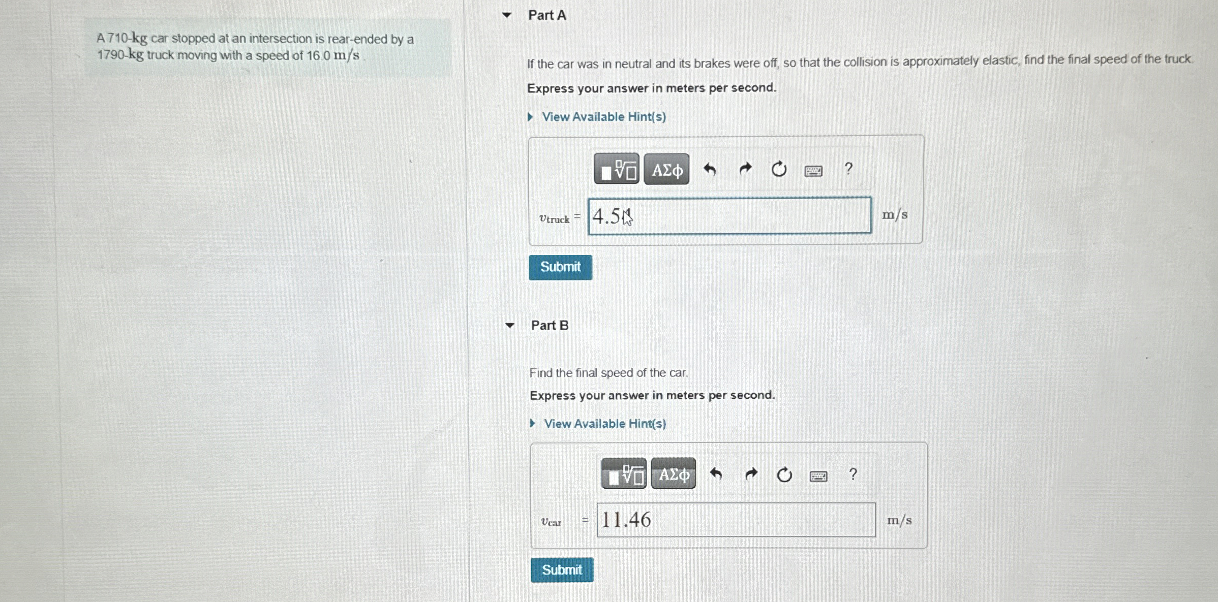 A 7 1 0 - k g car stopped at an intersection is