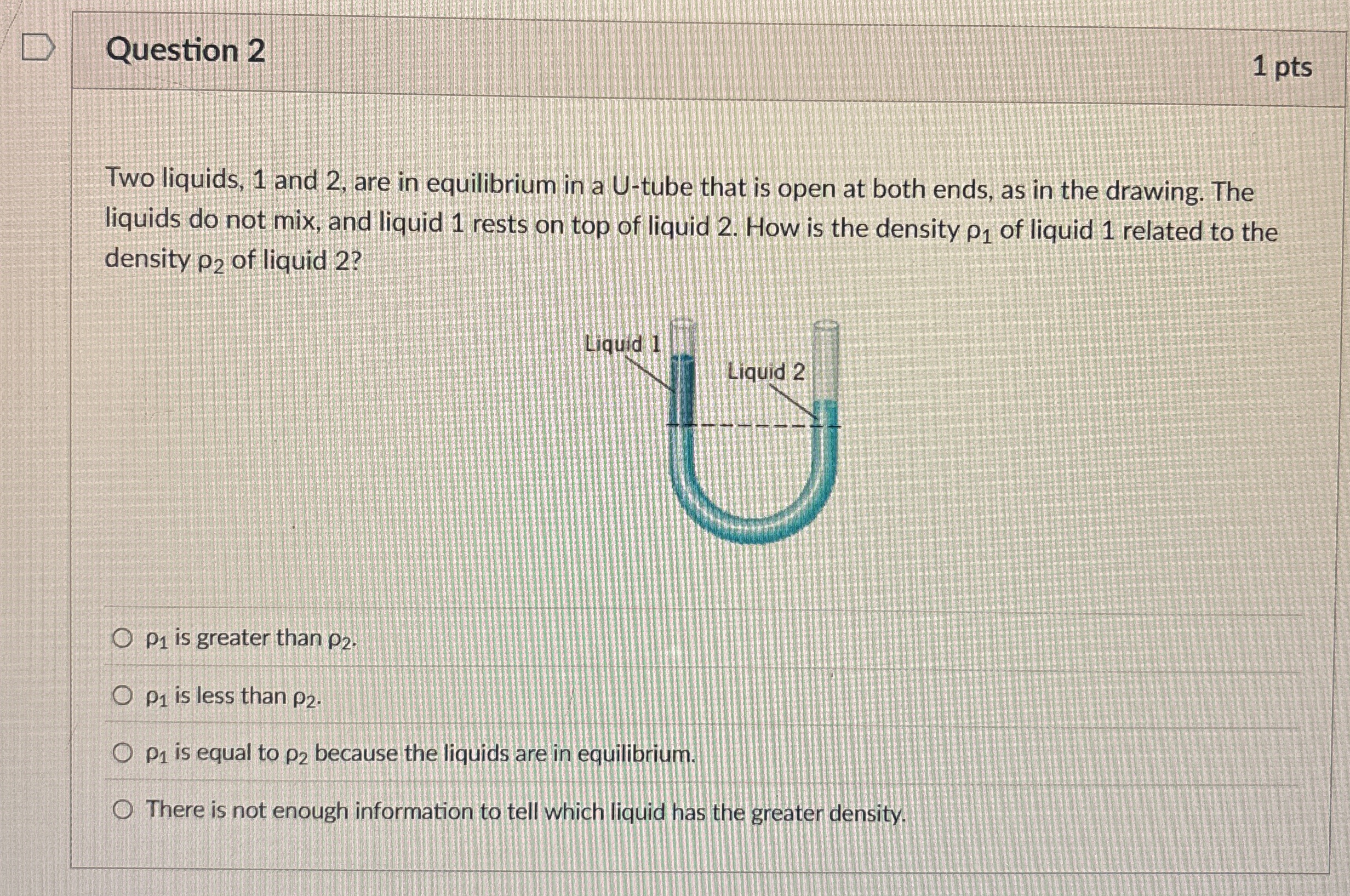 Question 2 1 pts Two liquids, 1 and 2 , are in