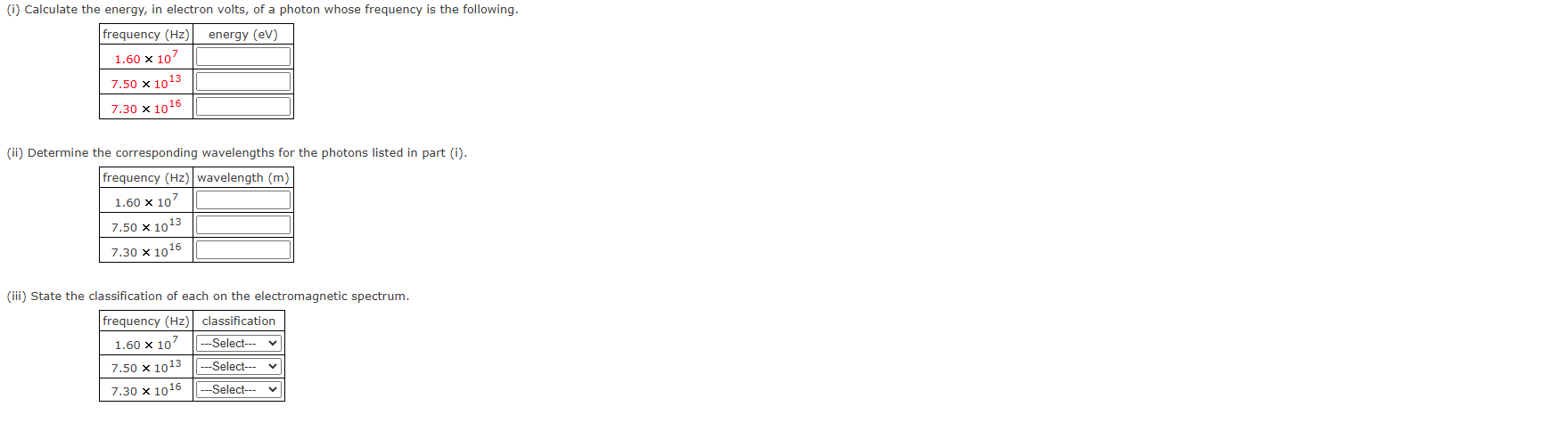 ( i ) Calculate the energy, in electron volts, of