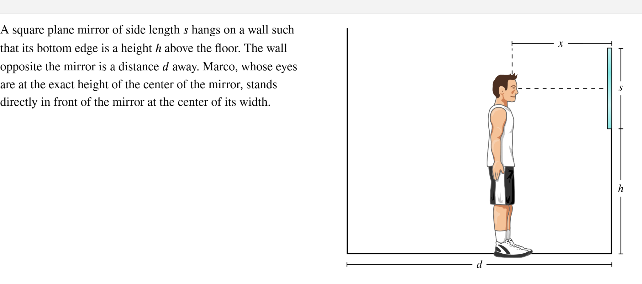 A square plane mirror of side length s hangs on a