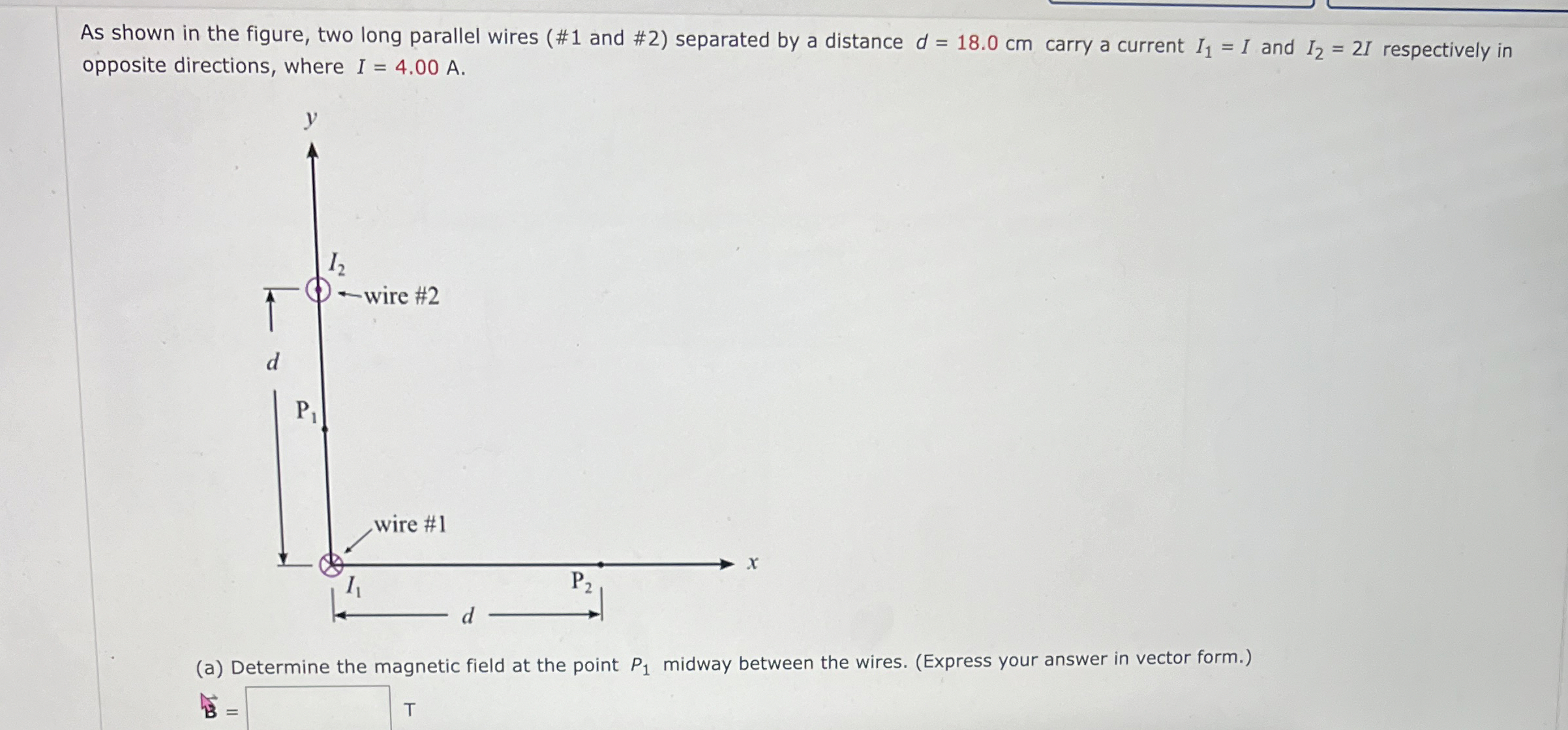 As shown in the figure, two long parallel wires (