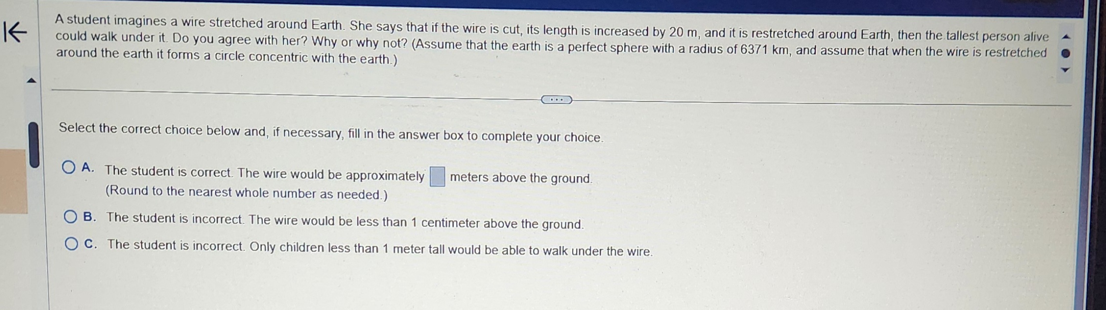 A student imagines a wire stretched around Earth.