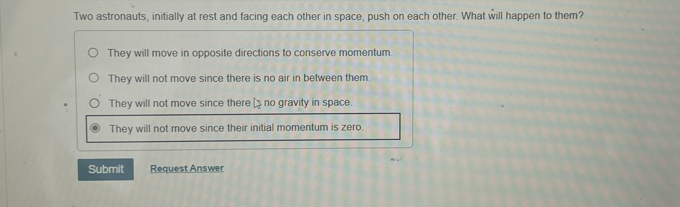 Two astronauts, initially at rest and facing each