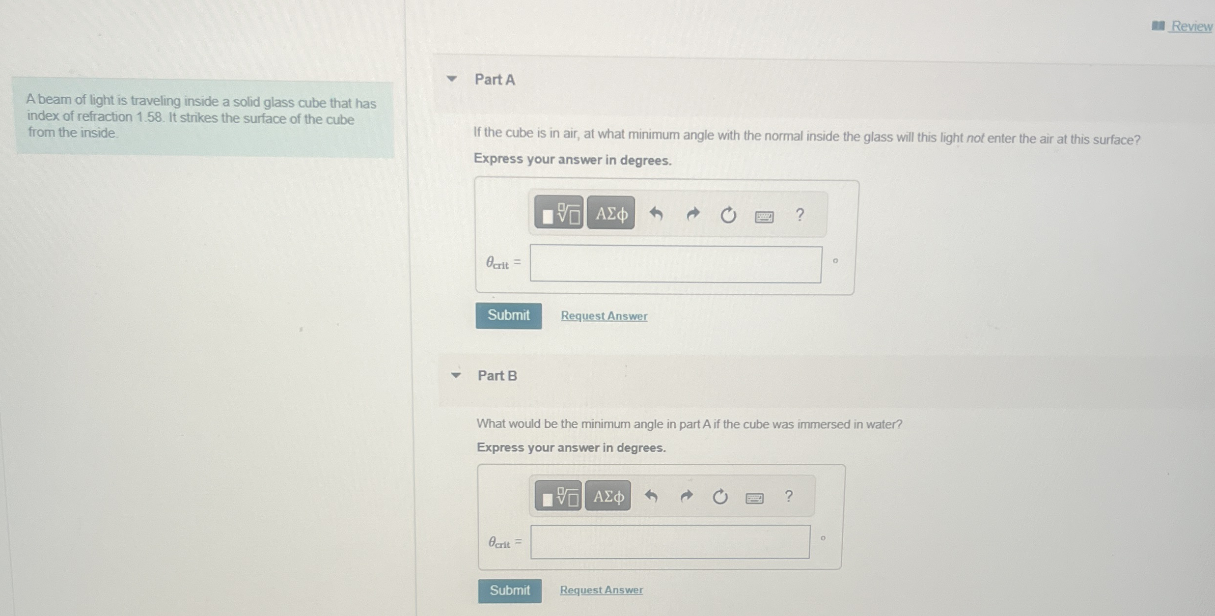 A beam of light is traveling inside a solid glass