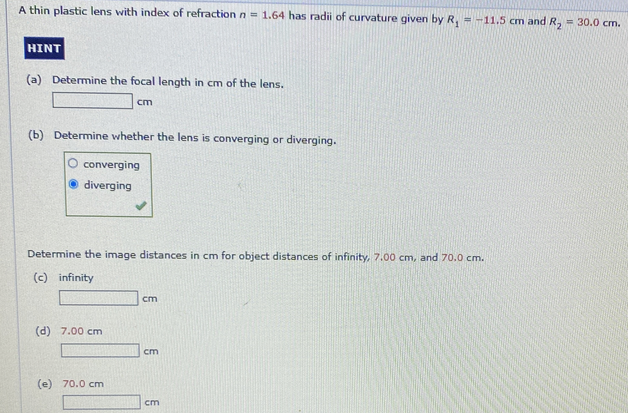 A thin plastic lens with index of refraction n =