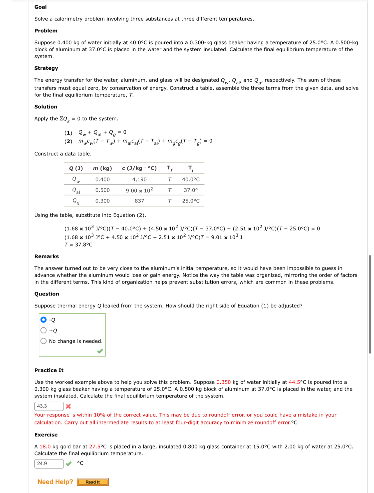 Goal Solve a calorimetry problem involving three
