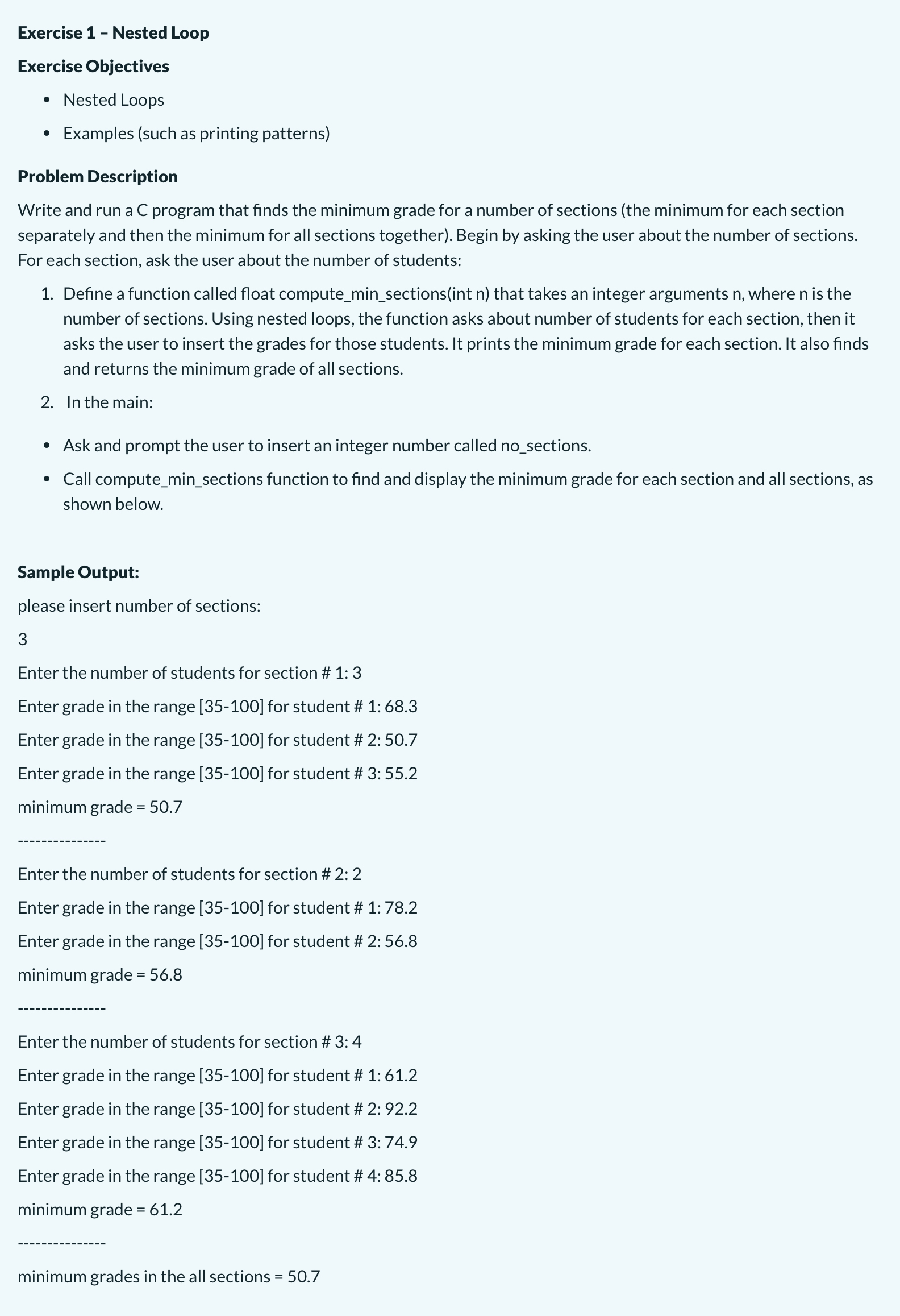 Exercise 1 - Nested Loop Exercise Objectives