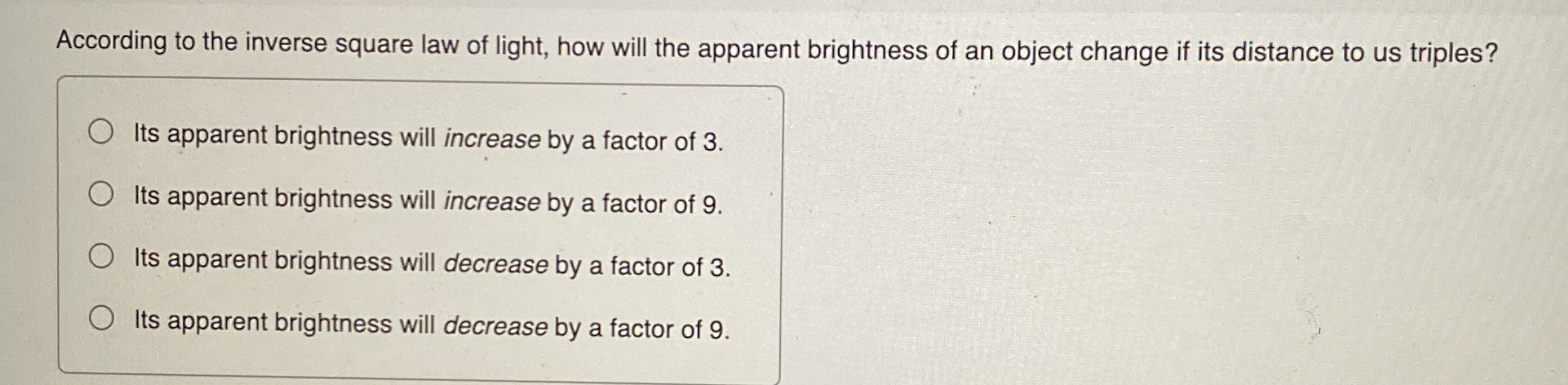 According to the inverse square law of light, how