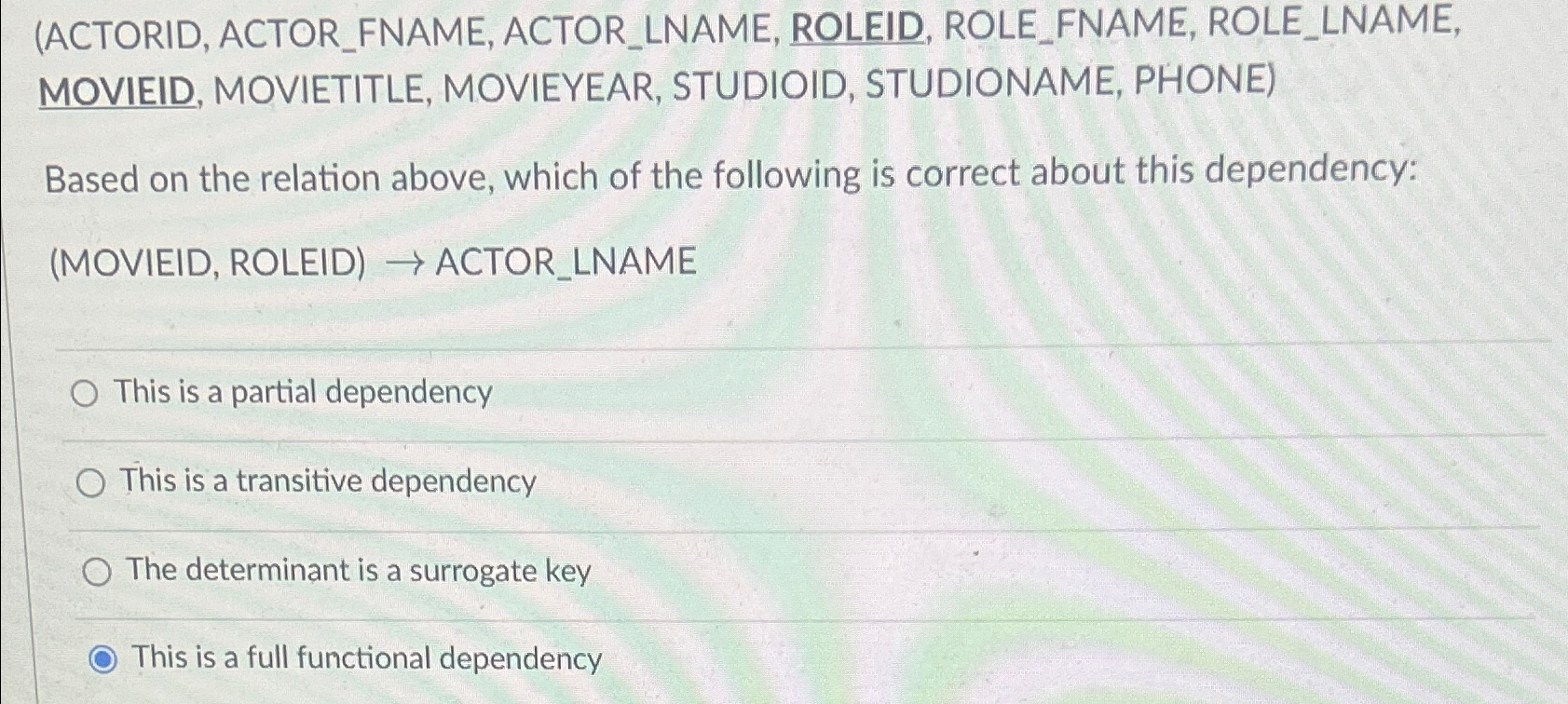 ( ACTORID , ACTOR _ FNAME, ACTOR _ LNAME, ROLEID,