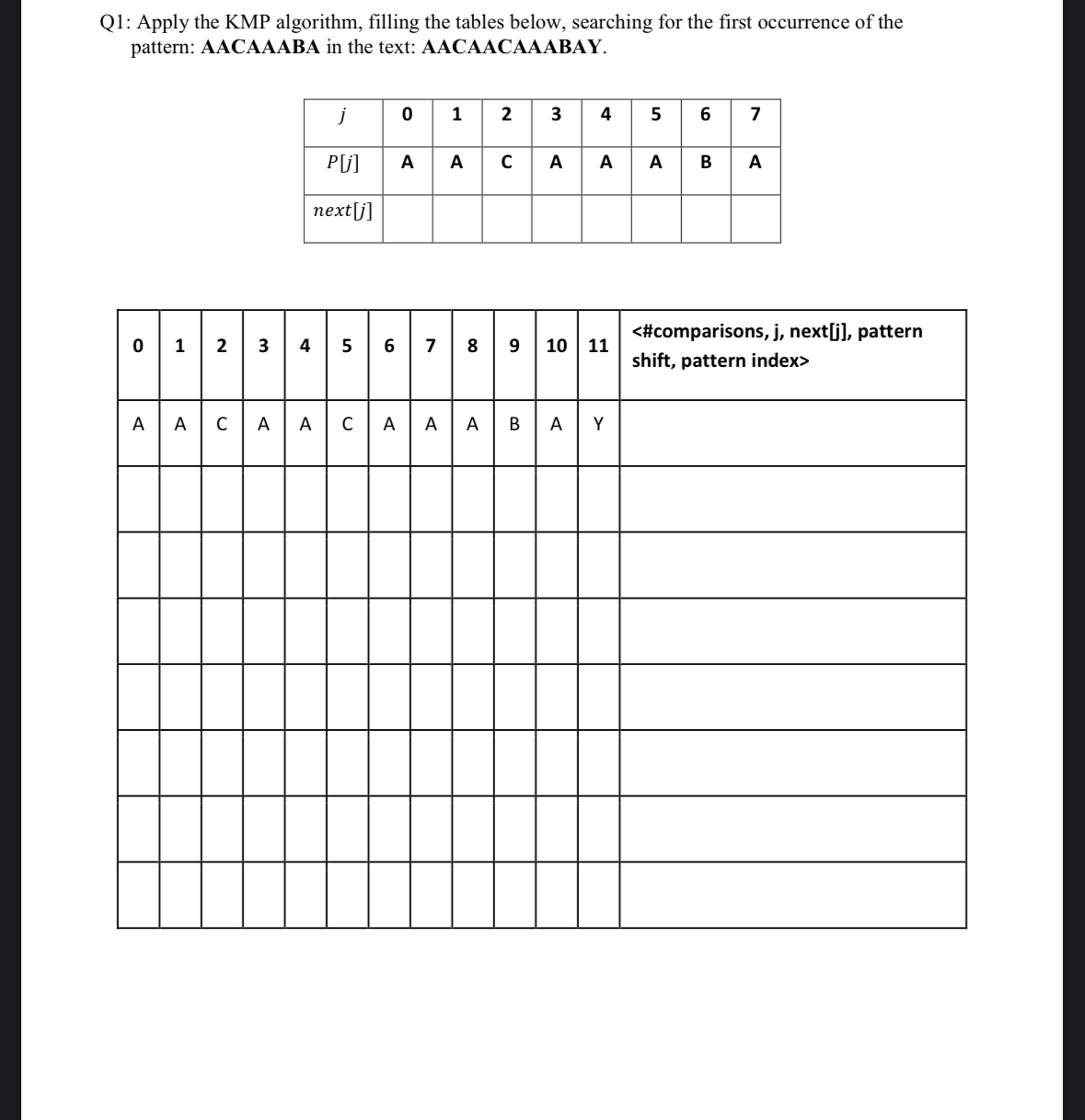 Q 1 : Apply the KMP algorithm, filling the tables
