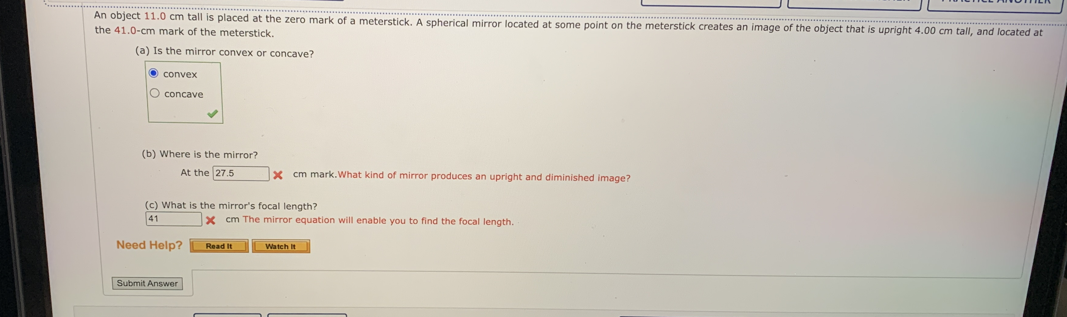 An object 1 1 . 0 cm tall is placed at the zero