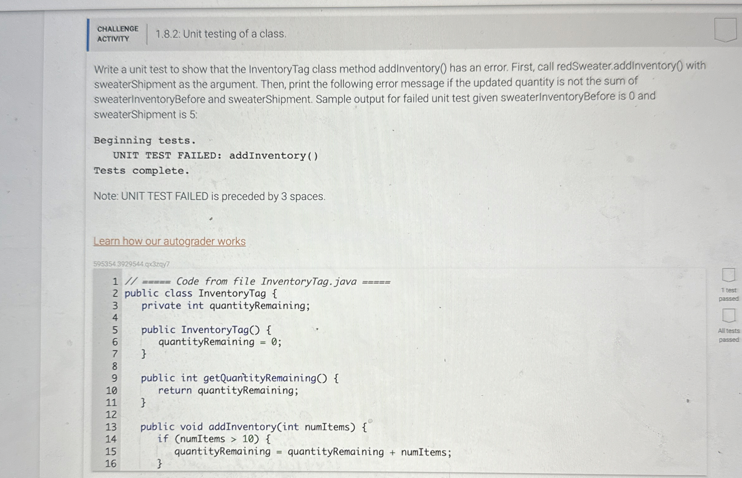 CHALLENGE ACTIVITY 1 . 8 . 2 : Unit testing of a