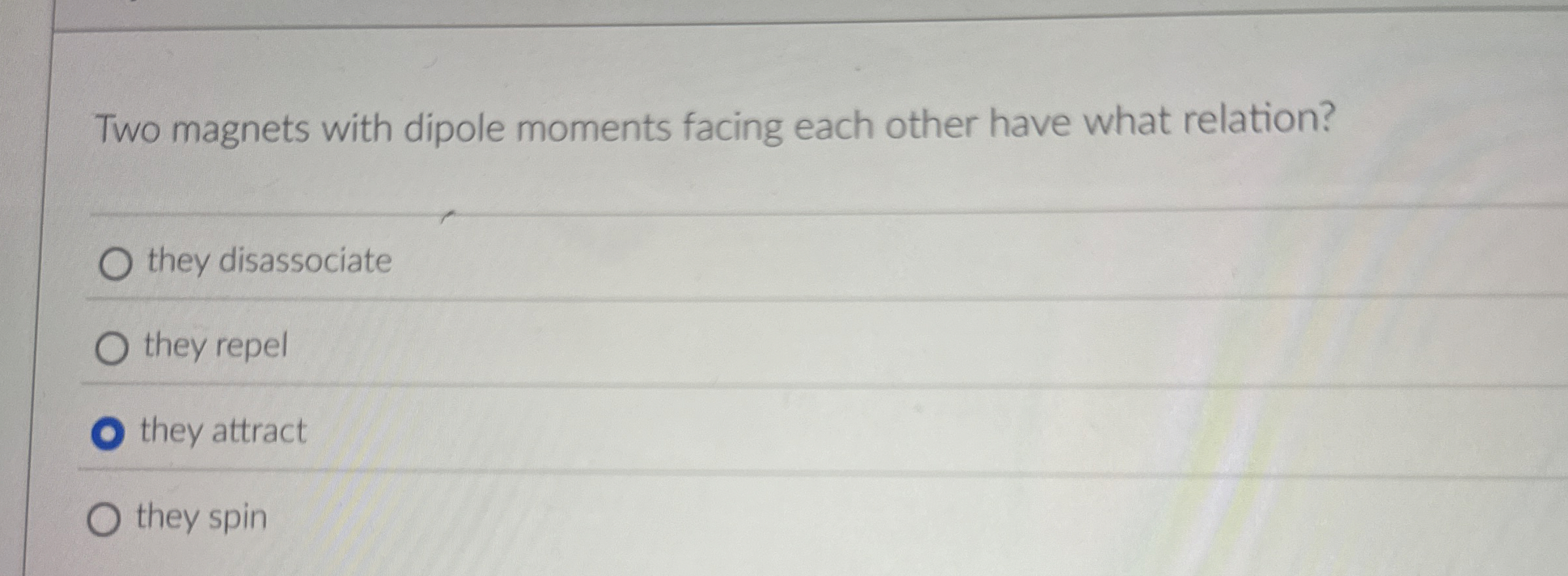 Two magnets with dipole moments facing each other