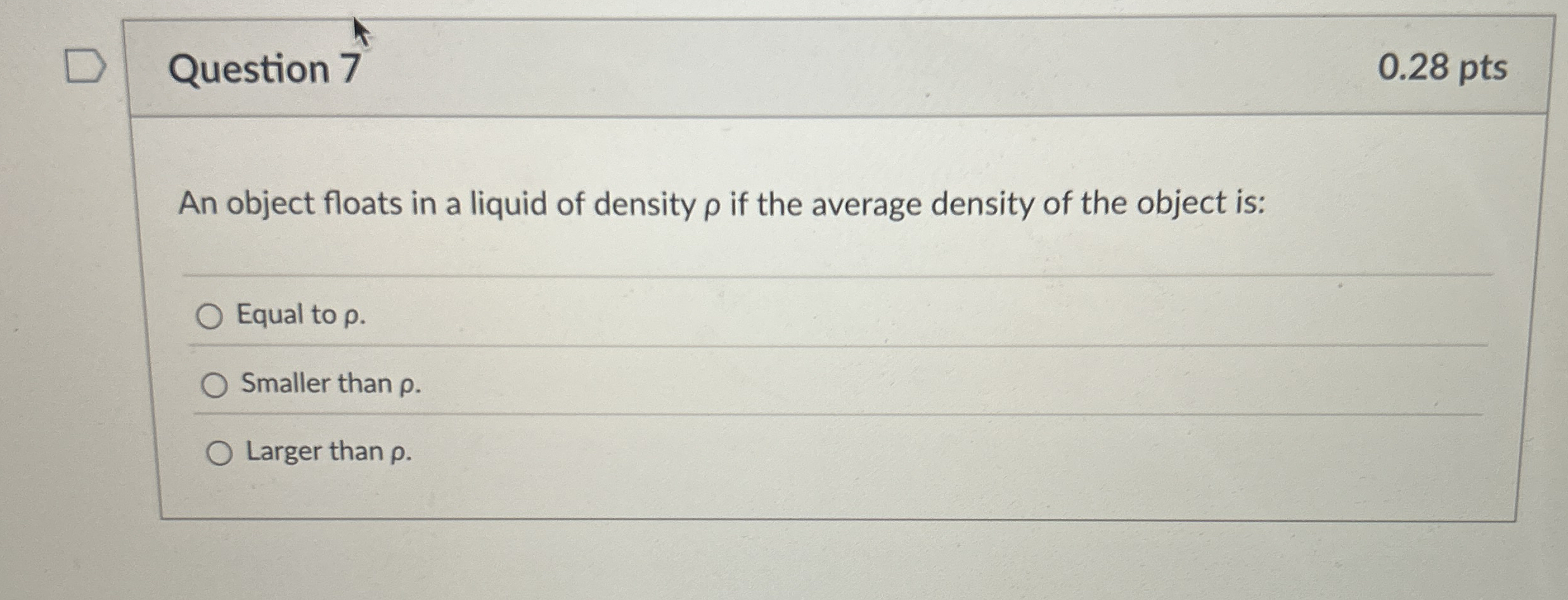 Question 7 0 . 2 8 pts An object floats in a