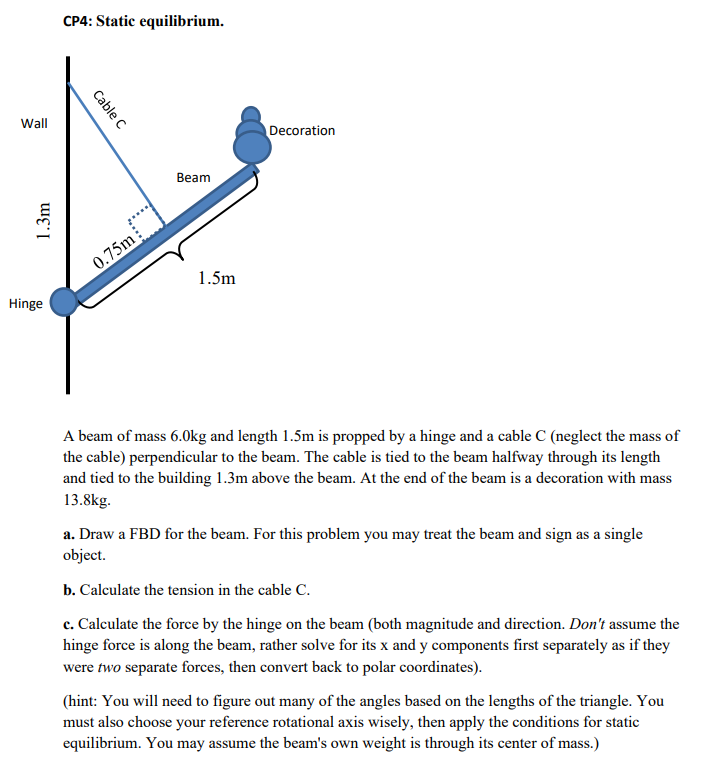 CP 4 : Static equilibrium. A beam of mass 6 . 0