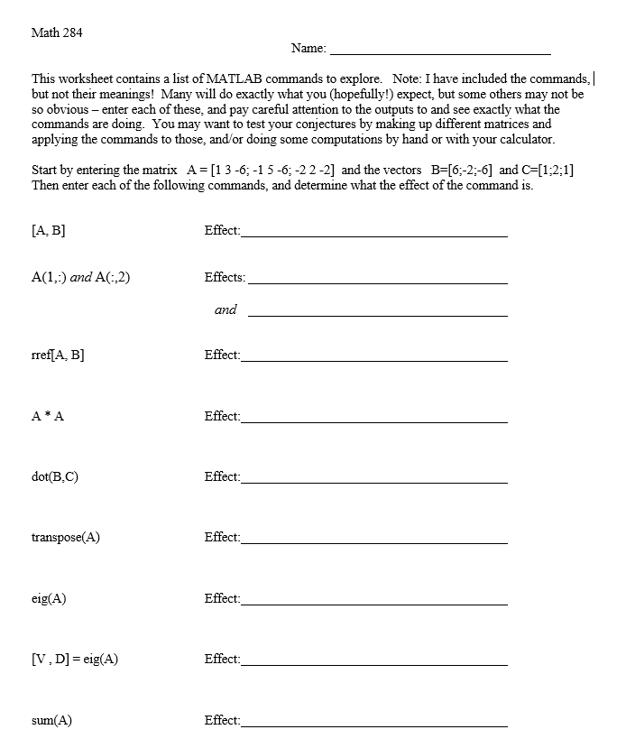 This worksheet contains a list of MATLAB commands