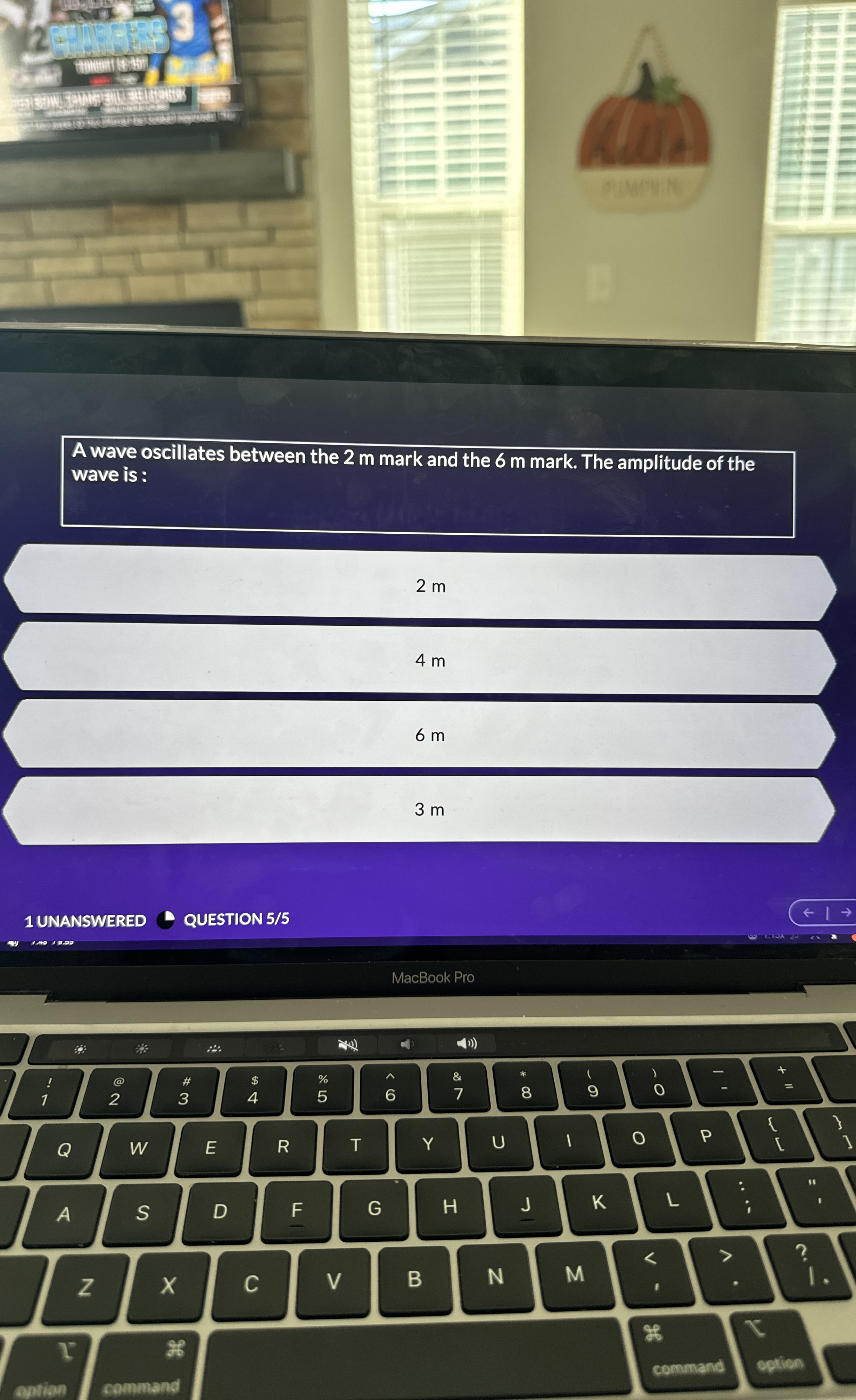 A wave oscillates between the 2 m mark and the 6