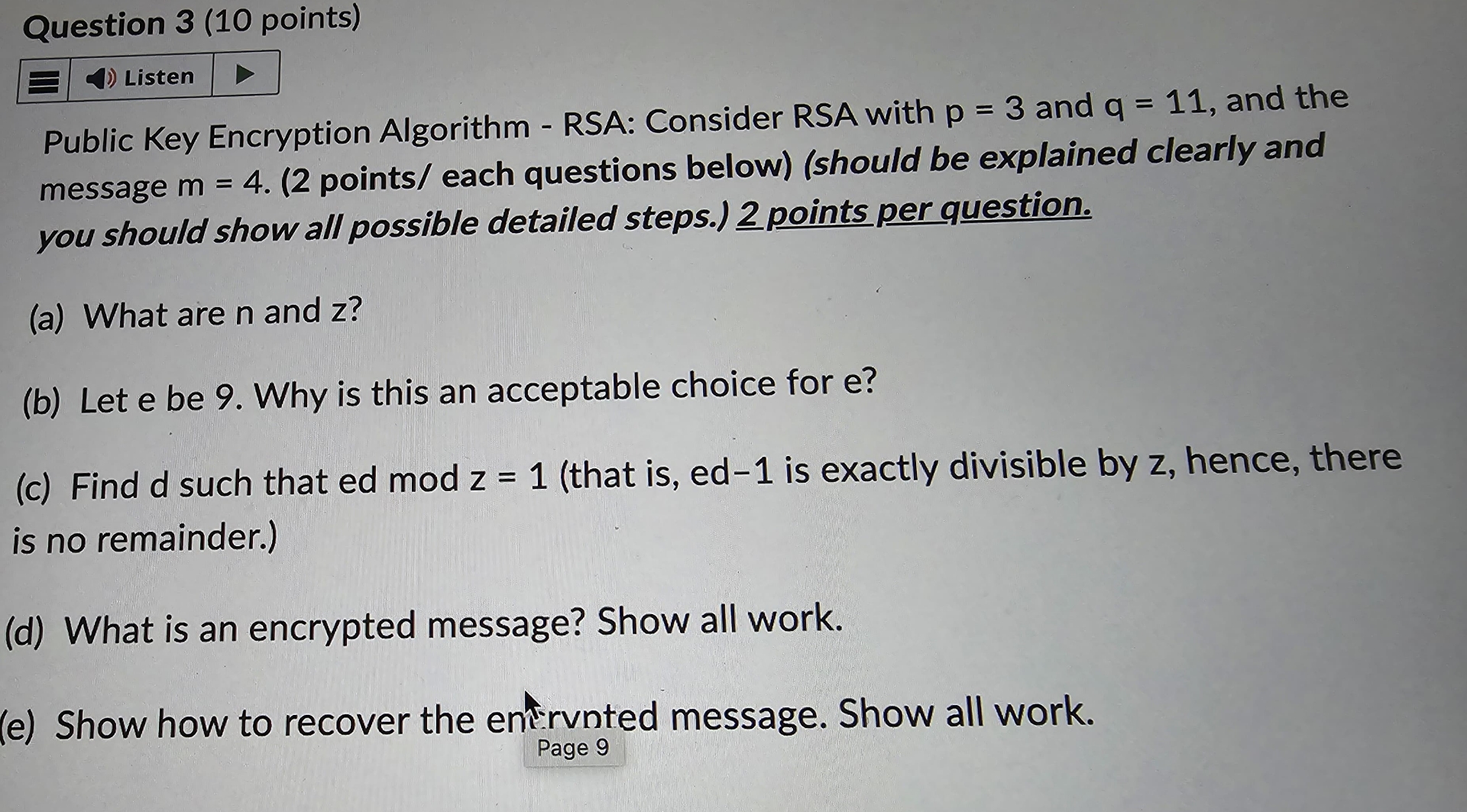 Question 3 ( 1 0 points ) Public Key Encryption