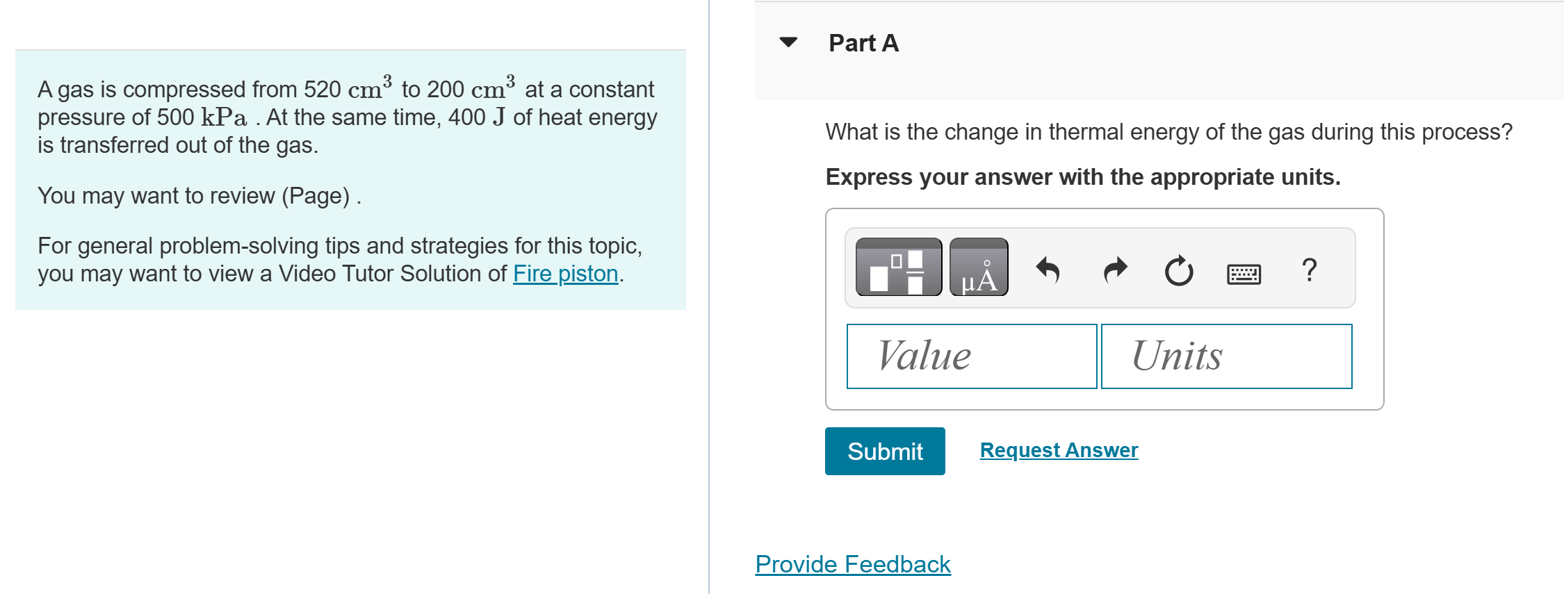A gas is compressed from \ ( 5 2 0 \ mathrm { ~cm