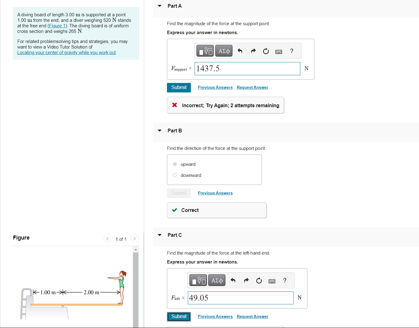 A diving board of length 3 . 0 0 m is supported