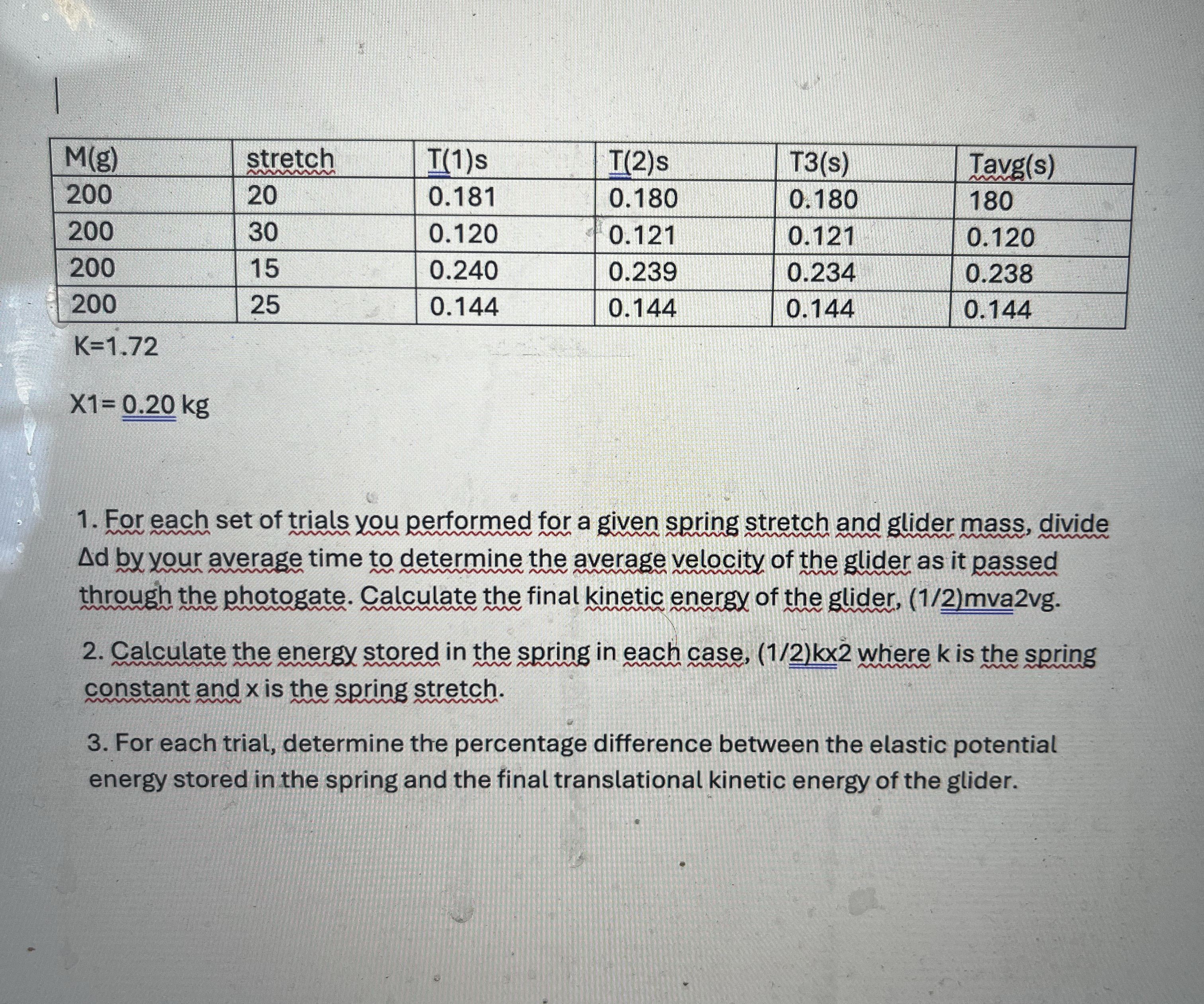 1 . For each set of trials you performed for a