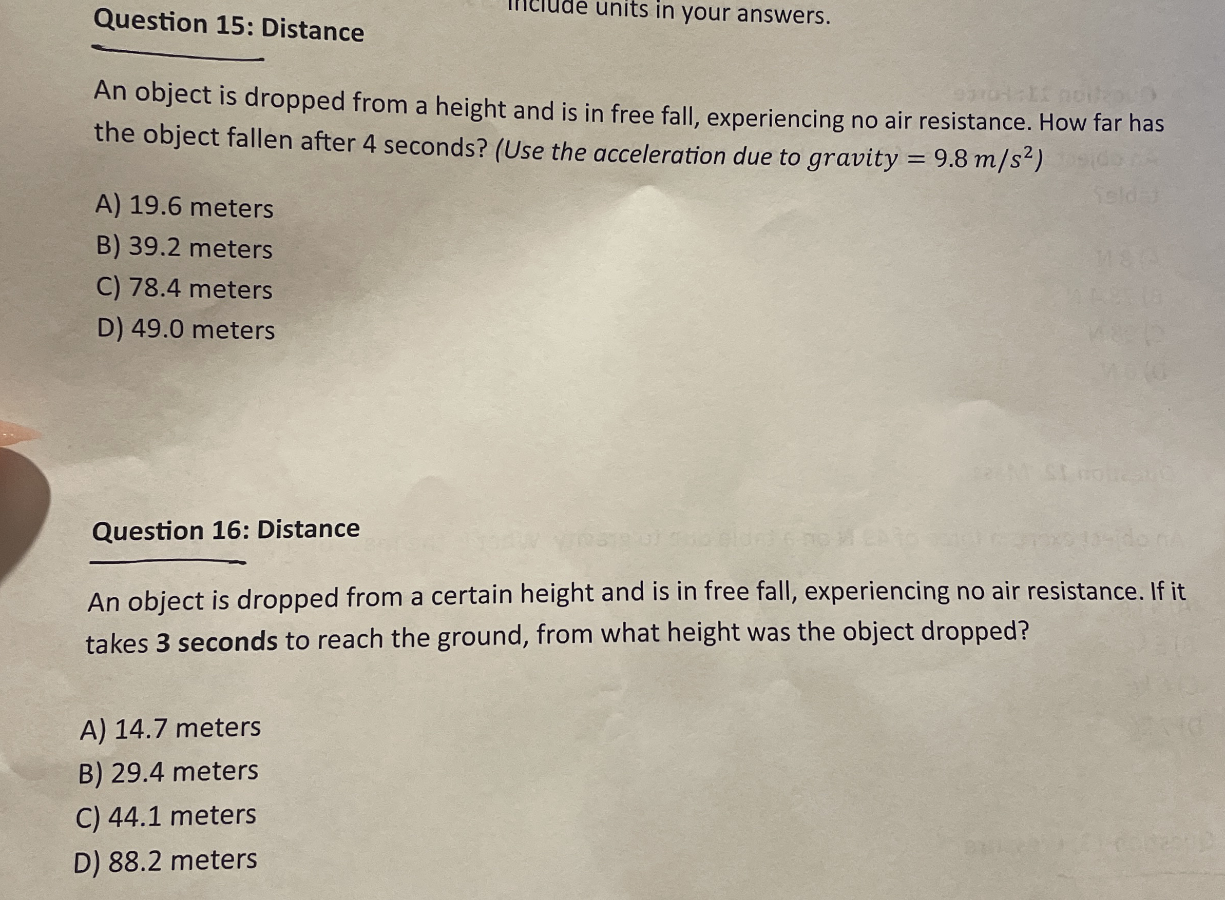 Question 1 5 : Distance miciude units in your