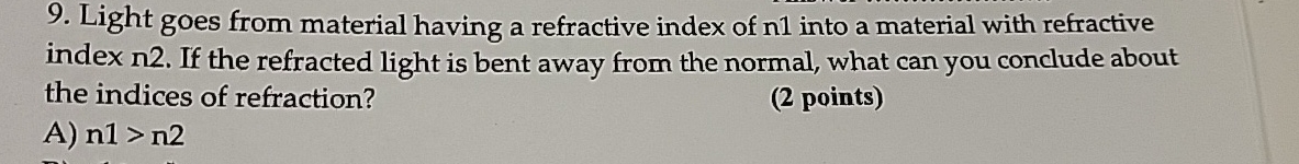 Light goes from material having a refractive