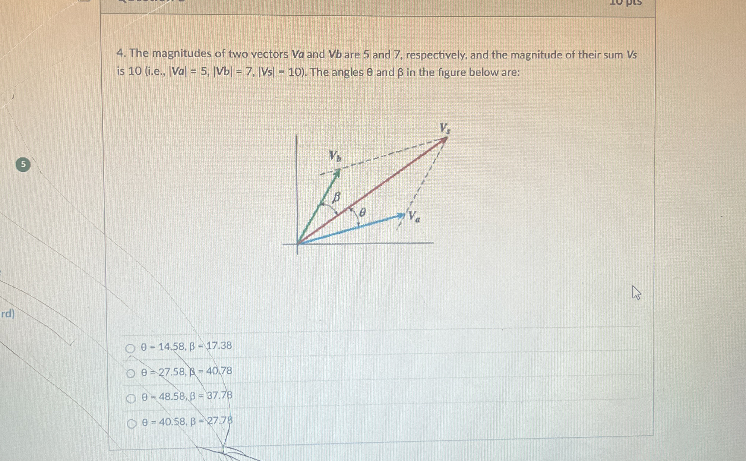 The magnitudes of two vectors Va and Vb are 5 and