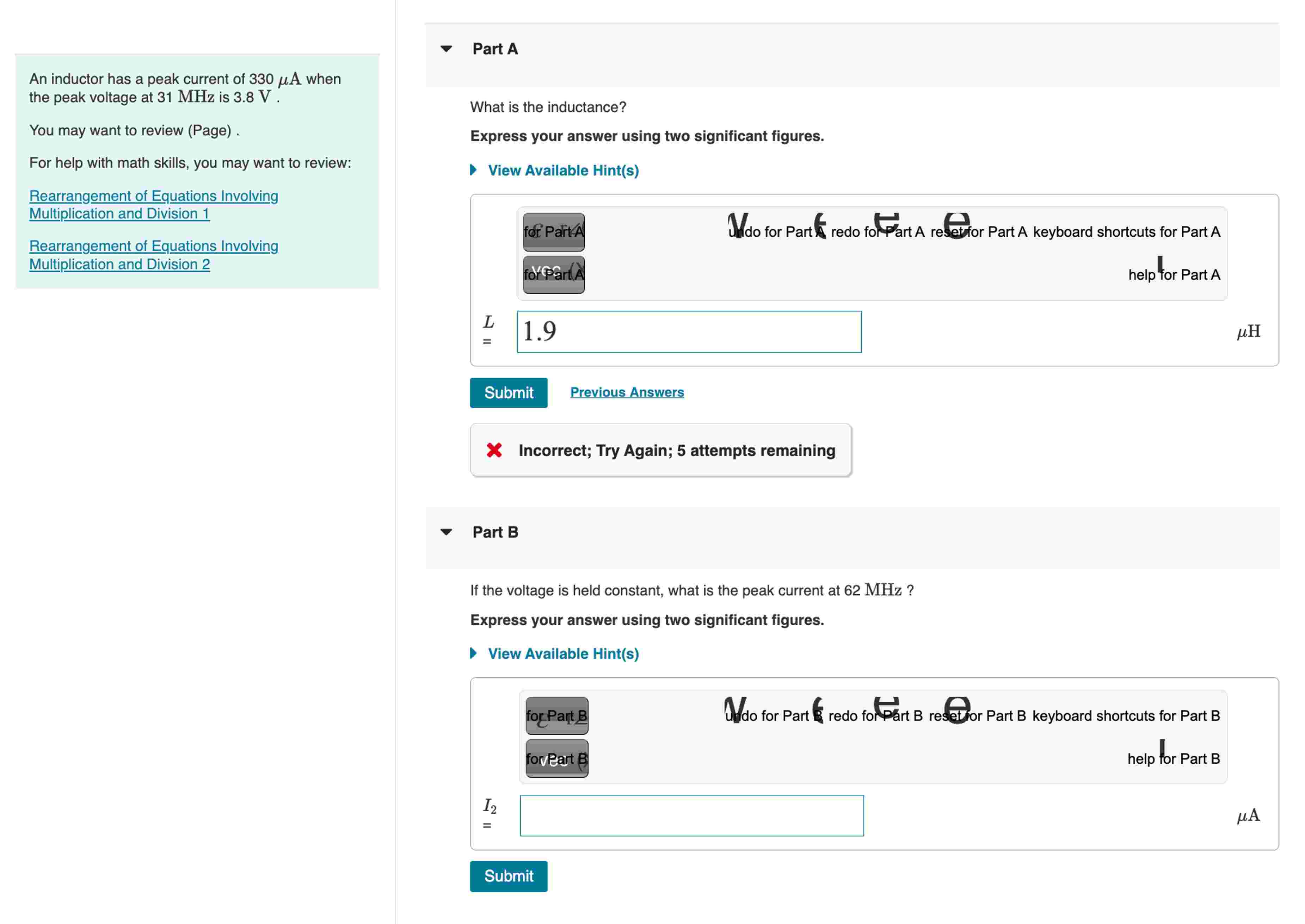 An inductor has a peak current of \ ( 3 3 0 \ mu