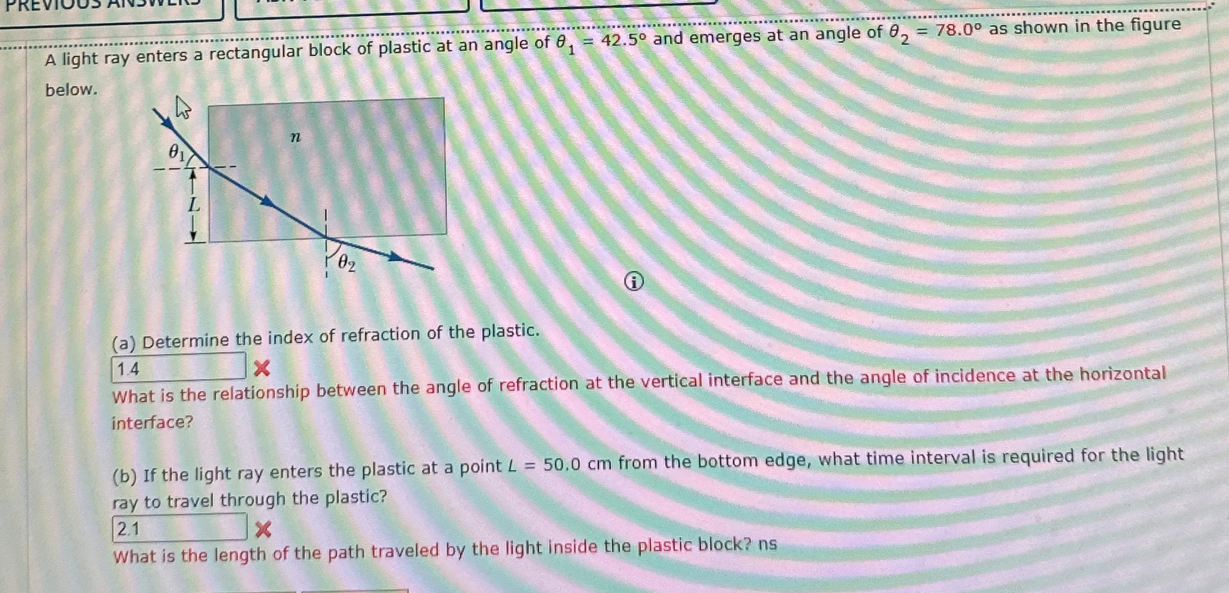 A light ray enters a rectangular block of plastic