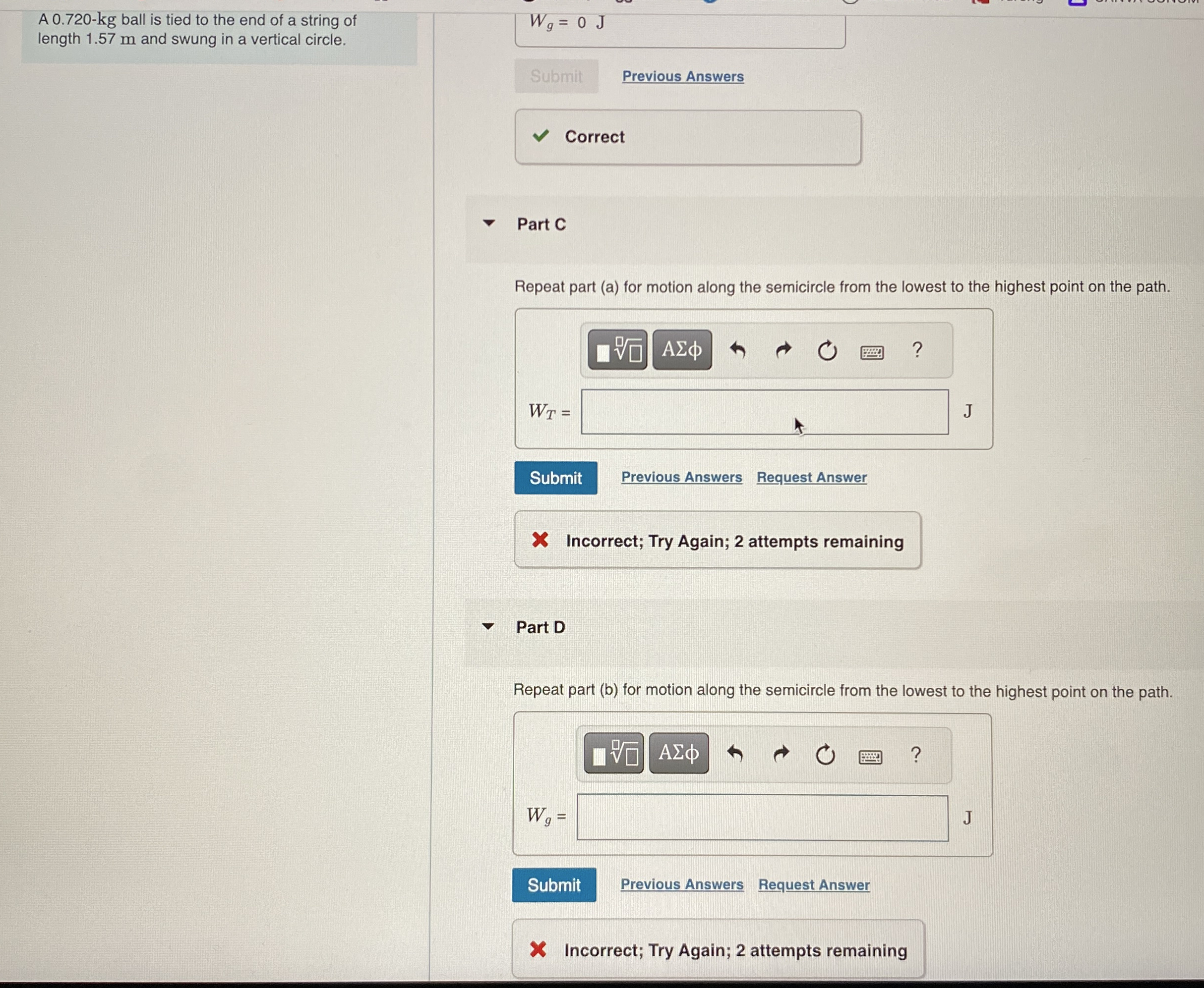 A 0 . 7 2 0 - k g ball is tied to the end of a