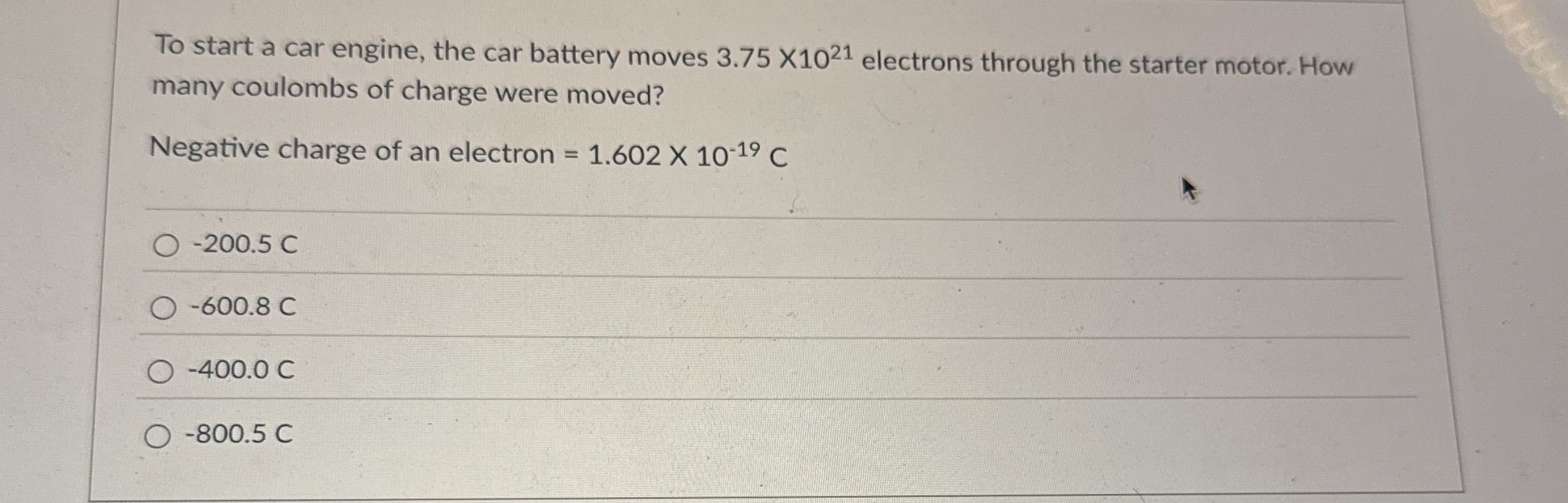 To start a car engine, the car battery moves 3 .