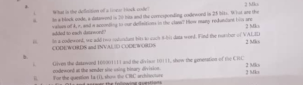 What is the defintition of a linear block code? 2