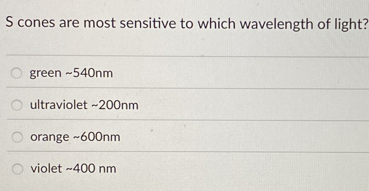 S cones are most sensitive to which wavelength of