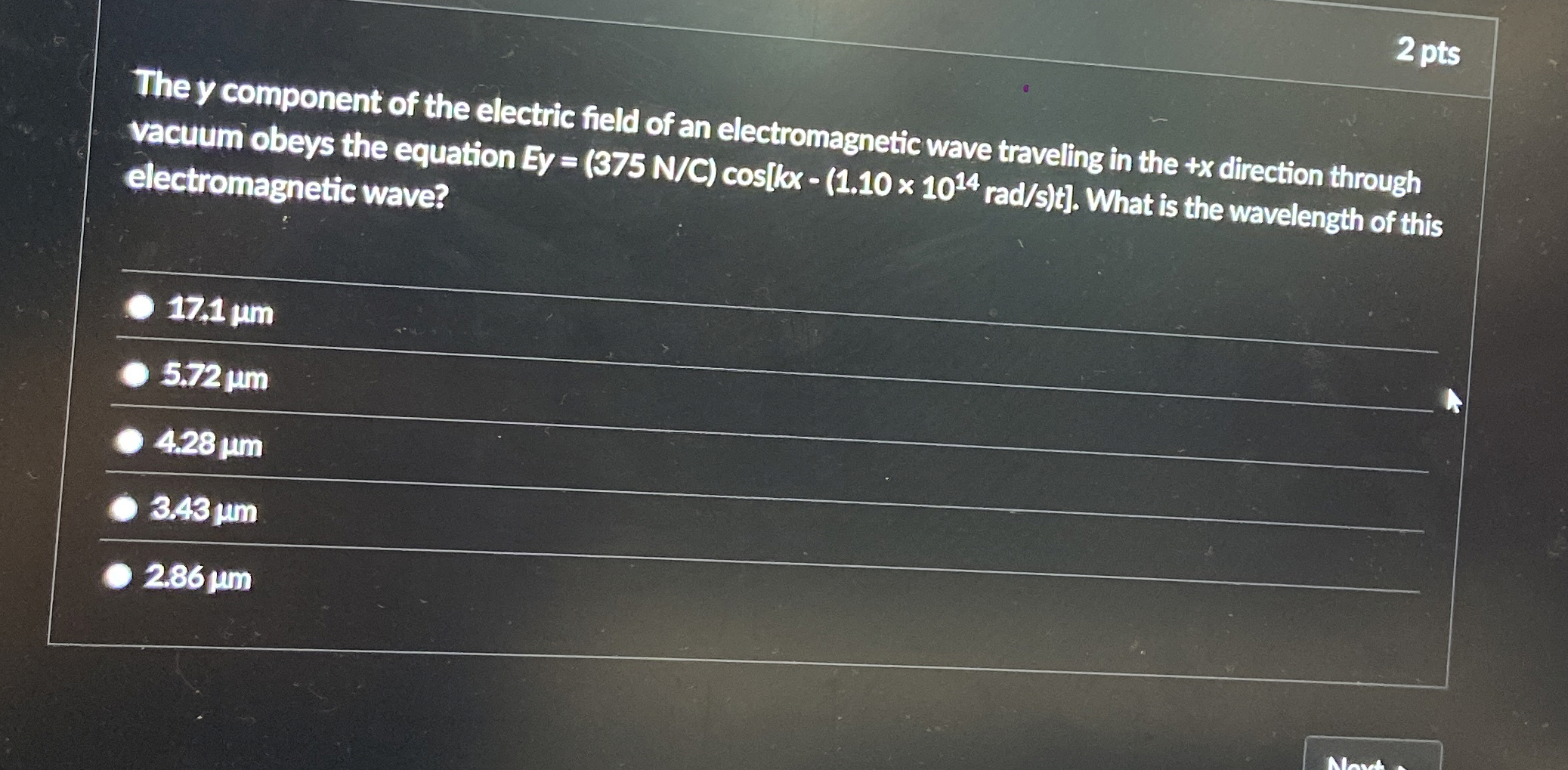 2 pts The y component of the electric field of an