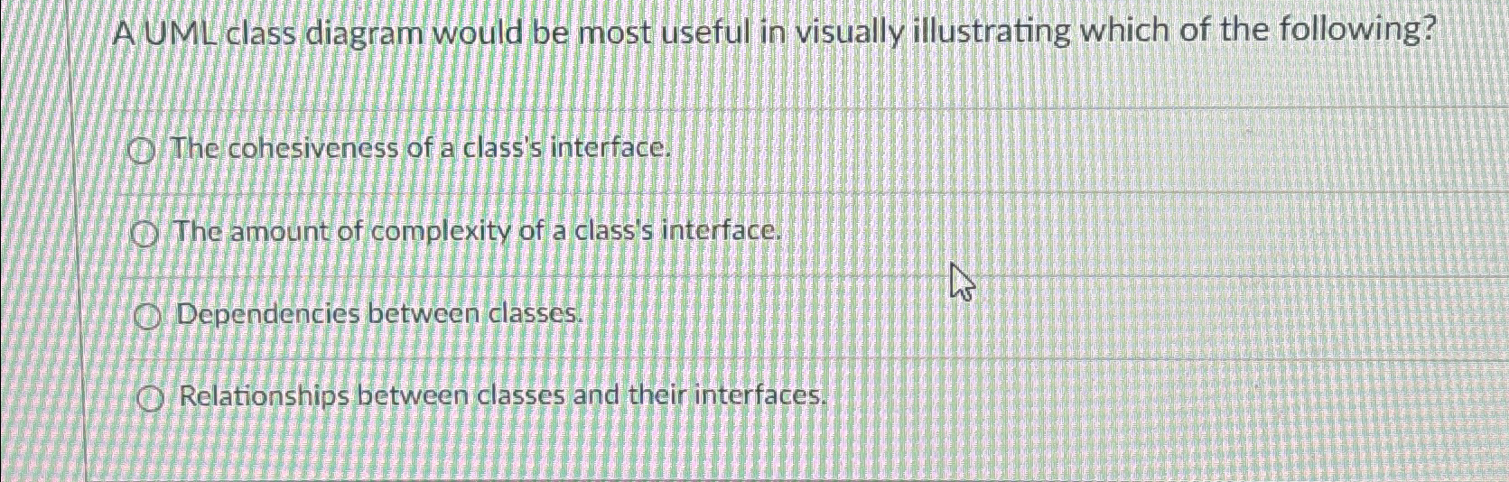 A UML class diagram would be most useful in
