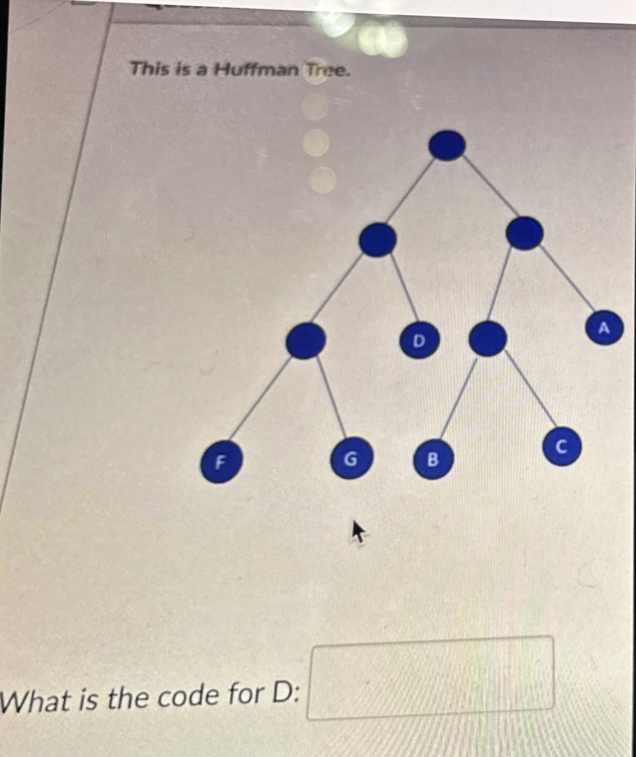This is a Huffman Tree. What is the code for D: