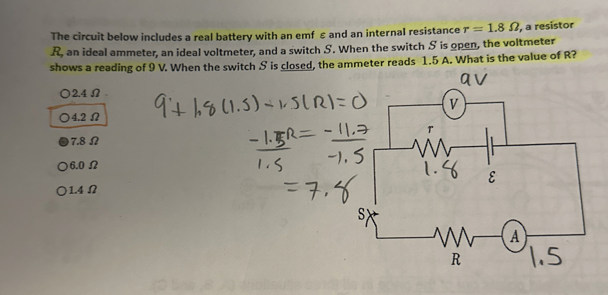 The circuit below includes a real battery with an