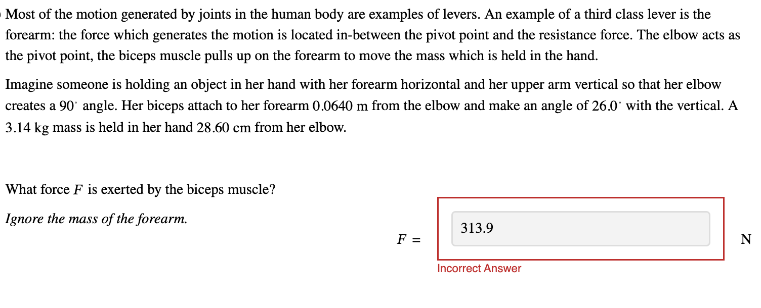 What force \ ( F \ ) is exerted by the biceps