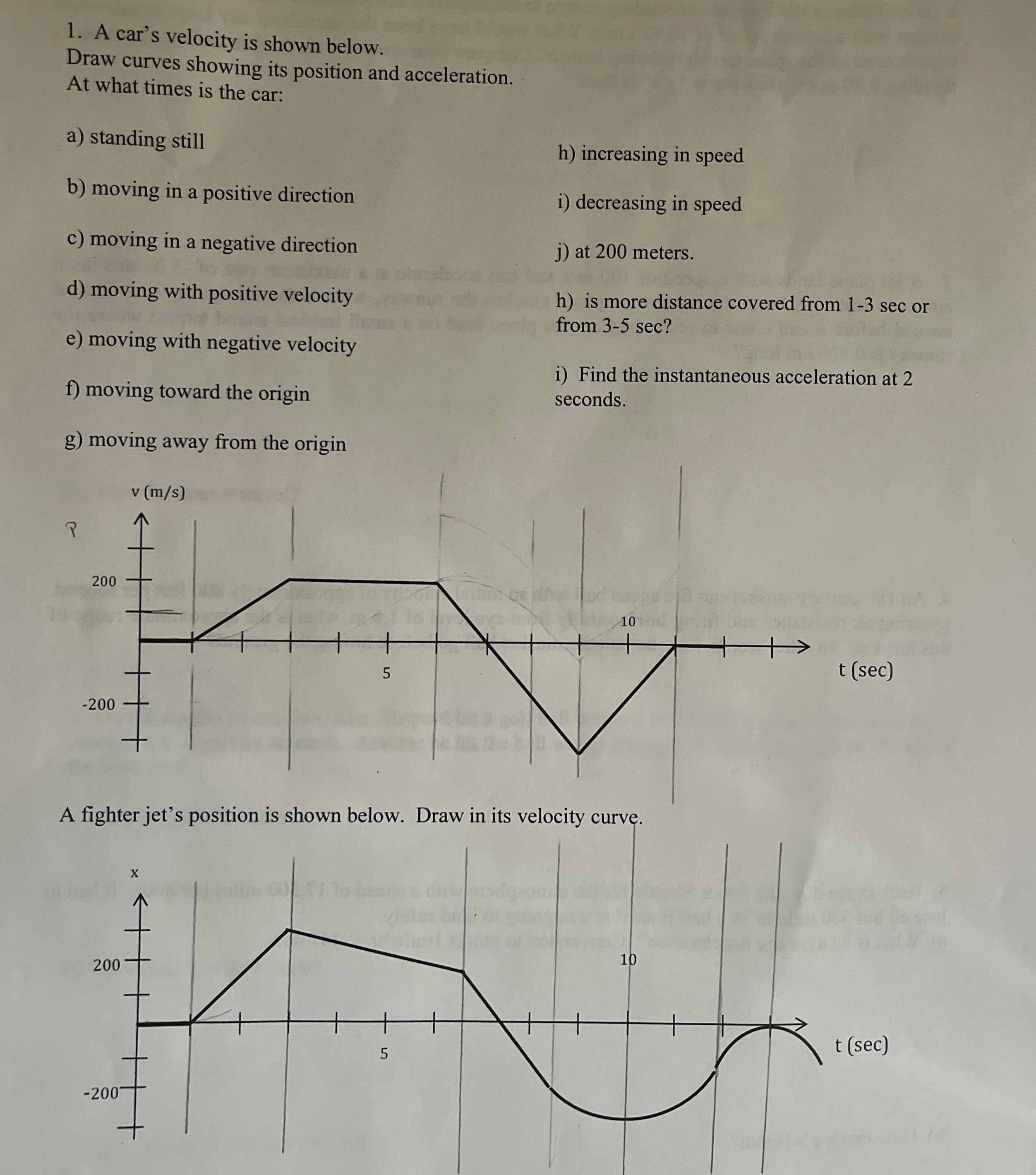 A car's velocity is shown below. Draw curves
